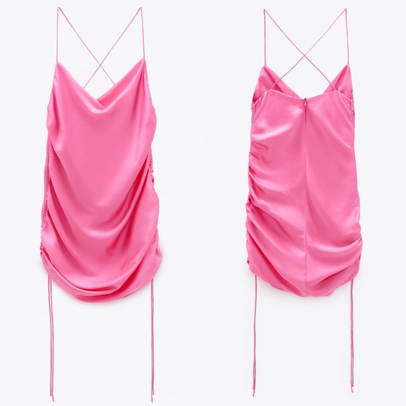 ZARA | NWT SEXY DRAPED SATIN EFFECT DRESS RUCHED TRF (HOT PINK) CRISS CROSS - Picture 16 of 16